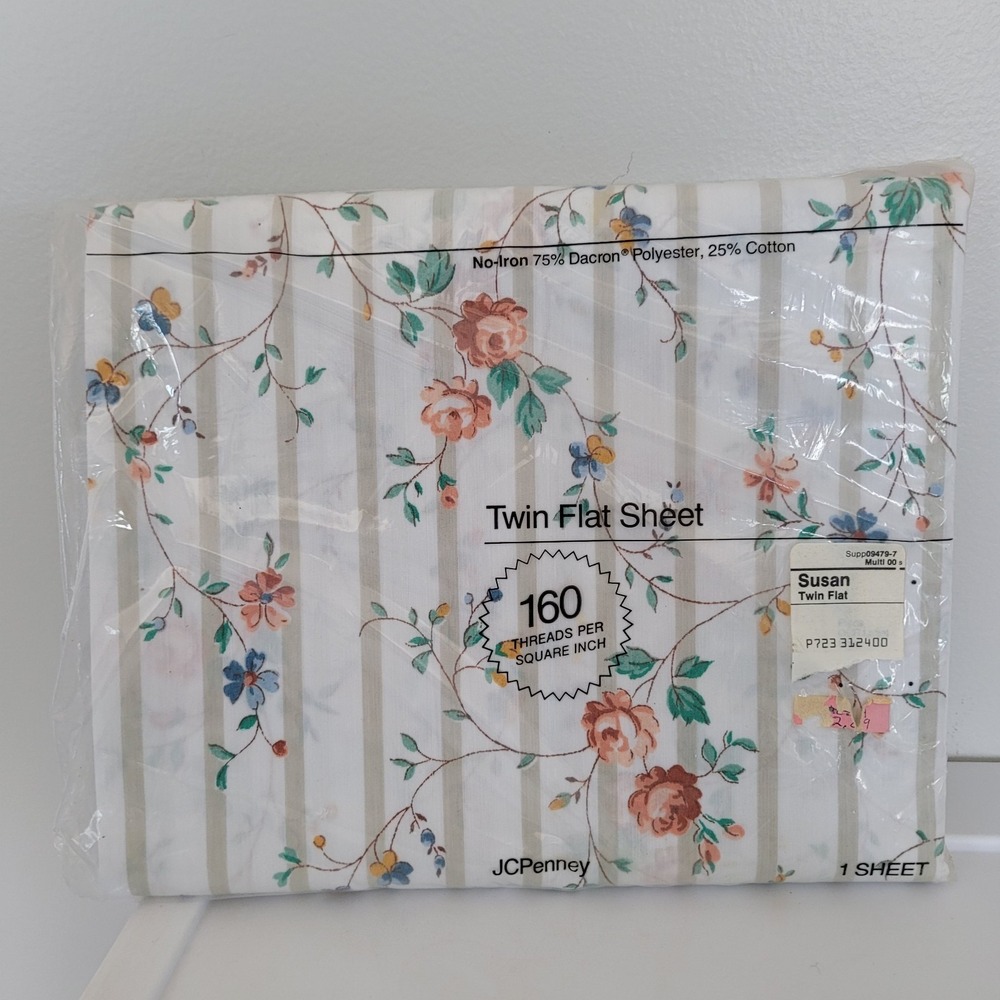 JC Penney Vintage Susan Twin Flat Sheet Floral Stripe Dacron Poly & Cotton NOS